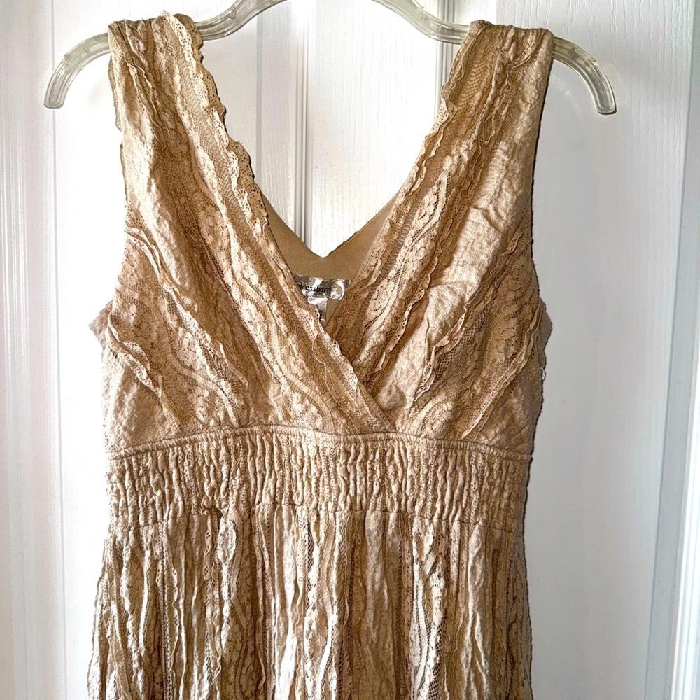 Dressbarn Tan Bohemian High Low Tiered Lace Sundress Size 8 - Picture 3 of 14